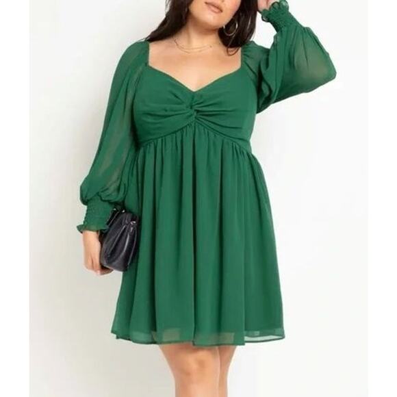 NWT Size 14 W | ELOQUII Eva Twisted Bodice Long Sleeve Empire Waist Mini Dress - Picture 1 of 8